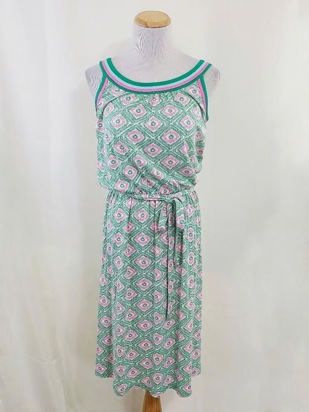 Boden Jersey Knit Green pink geometric print sleeveless Sundress Dress 4 Tall